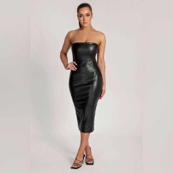 7 FOR ALL MANKIND BLACK FAUX LEATHER MIDI DRESS - Picture 1 of 12